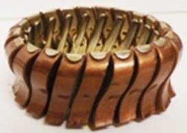A brown bracelet with metal strips

AI-generated content may be incorrect.